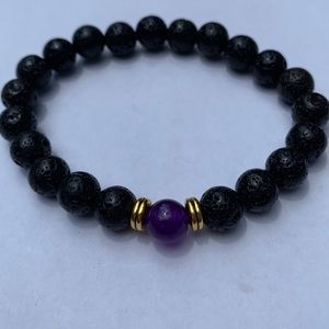 Black Lava Stone Bracelet w Dark purple Bead
